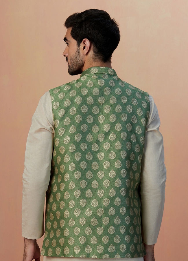 alt message - Manyavar Men Sage Green Jacket With Golden Motifs image number 2